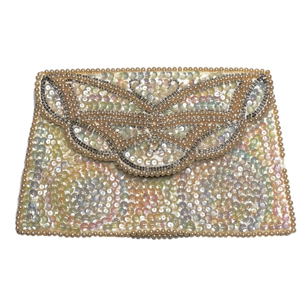 La Regale Beaded Butterfly Clutch Purse Vintage Sequin Pearl Evening Bag DAMAGED